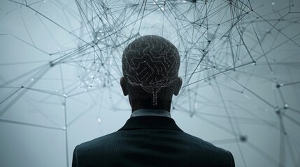 Poster - A man in a suit is looking at a computer screen with a lot of lines and dots