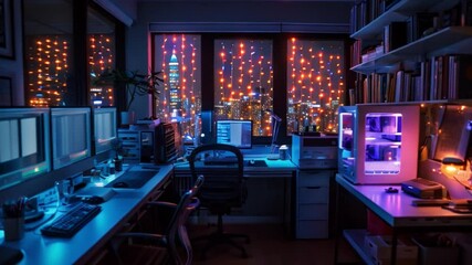 Poster - A nighttime view of a home lab setup for personalized healthcare research, showcasing multiple computers and a city skyline view through the window.