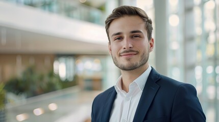 a young smiling successful businessman with bright colors and a business environment on the backgrou