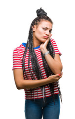 Poster - Young braided hair african american girl over isolated background thinking looking tired and bored with depression problems with crossed arms.