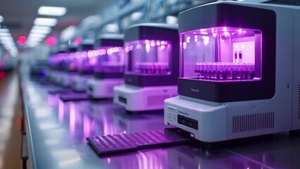 Poster - a row of automated lab equipment with purple lighting inside, used in research and development.