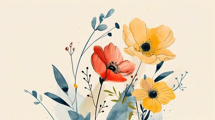 Poster - Minimalistic design with a single bouquet of vibrant flowers on a cream background offering a clean and modern look