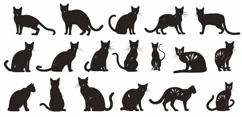  Black cat silhouette set. Kitten silhouette set. Modern illustration of black cat silhouettes