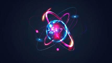 Isolated fusion orbit spin with atom light against a black background. Neutron science and psychics of vector atoms. Ion element with glowing and shining effect, symbolizing the proton and molecule