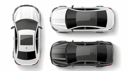 Wall Mural - Vector mockup of a car, isolated against a white backdrop. sedan for business. Above view of a black, grey, and white car. Vehicle Model