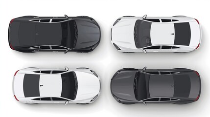 Wall Mural - Vector mockup of a car, isolated against a white backdrop. sedan for business. Above view of a black, grey, and white car. Vehicle Model