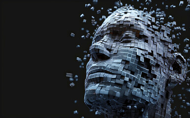 Wall Mural - abstract digital human face made out of cubes on black background. artificial intelligence and cyber