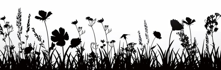 Grass and wild flowers. Isolated silhouette of a floral meadow. Horizontal border.