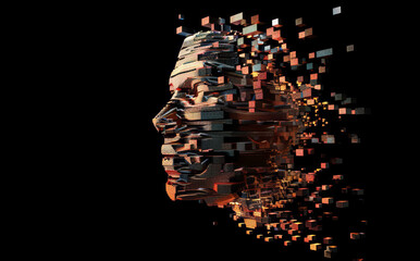 Wall Mural - abstract digital human face made out of cubes on black background. artificial intelligence and cyber