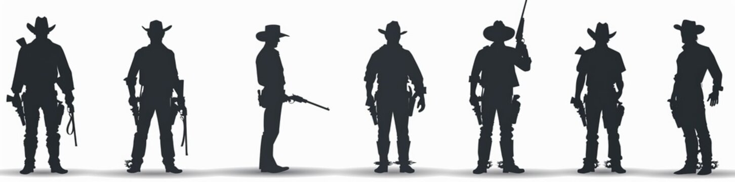 This set of Cowboy silhouettes was created using a vintage design, isolated on a white background. Cowboy stood in various positions, walking modern cowboys, etc.