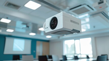 Excellent 4K projector mounted in the conference room ceiling with ample copy space. projector during a lecture or business conference. for training centers and offices.