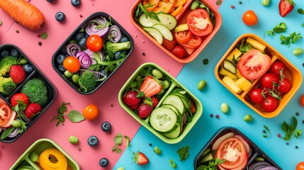 Wall Mural - Lunchboxes with nutritious food displayed against a vivid paper backdrop. A concept for healthy eating in the workplace. Top view