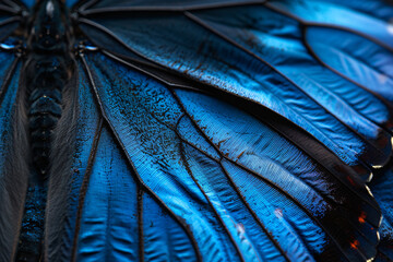 Wall Mural - A close-up macro photo of the texture and pattern on an electric blue butterfly wing, with black glittering in it