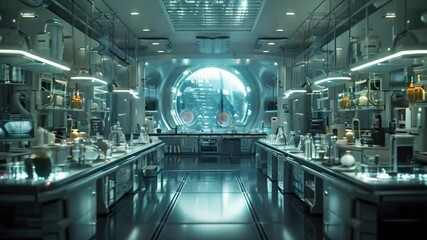 Poster - a futuristic laboratory featuring a large circular window and two long workbenches filled with scien