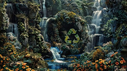 Canvas Print - Recycling symbol in flowing river of recycled materials vibrant plants and waterfalls backdrop