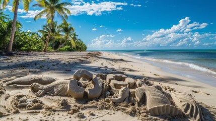 Poster - Beach scene with recycling symbol in sand sculptures gentle waves and palm trees backdrop