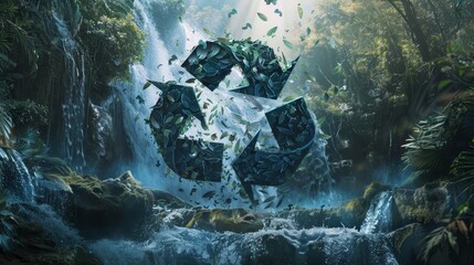 Wall Mural - Recycling symbol in swirling leaves and petals abstract forest and waterfall backdrop