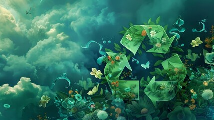 Wall Mural - Recycling symbol in bold green shades swirling clouds and flowers dynamic background