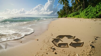 Poster - Tranquil beach scene with recycling symbol in sand green vegetation background