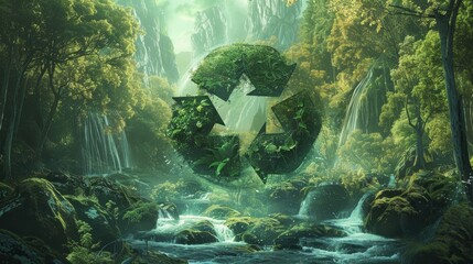 Canvas Print - Green vortex with recycling symbol surrounded by misty trees and streams backdrop