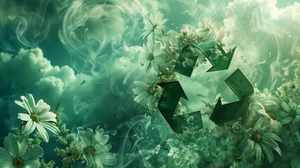 Canvas Print - Green recycling symbol in dynamic background with swirling clouds and flowers