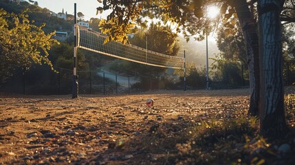 Wall Mural - The volleyball ball is on the line, and the volleyball court and net are visible from the hillside angle.