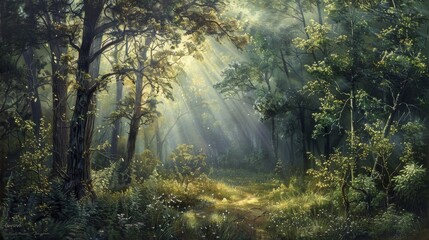 Wall Mural - Sunlit forest scene with dappled light forms a tranquil backdrop