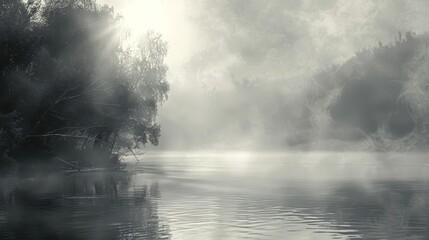 Canvas Print - Serene foggy lake scene creating a peaceful and introspective background