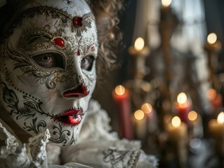 Wall Mural - Intricate Venetian Mask with Candlelight Bokeh in Background, Close-Up Portrait