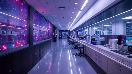 Poster - A virtual simulation of an automated lab interior, featuring a long hallway with workstations and a large window displaying a purple, nebula-like pattern.