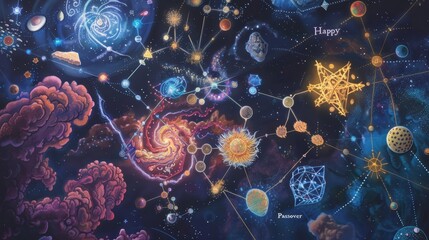 Wall Mural - Passover foods in cosmic dance with 'Happy Passover' like constellation background