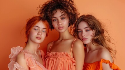 Wall Mural - Three women are posing for a photo in orange dresses