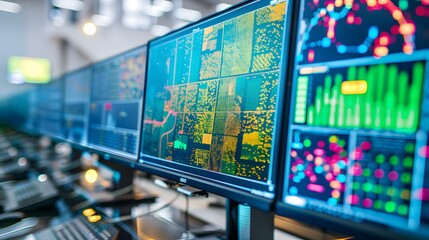 Poster - Geographic Information Systems (GIS) software displaying detailed spatial data for decision-making in a smart farming control center
