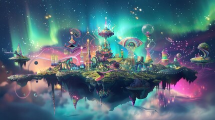 Wall Mural - Floating islands with patterns and aurora borealis wallpaper for storytelling