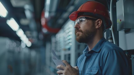 Wall Mural - A man in a blue shirt and a red helmet is holding a piece of paper