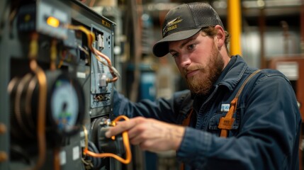 Wall Mural - A man in a blue shirt and hat is working on a machine