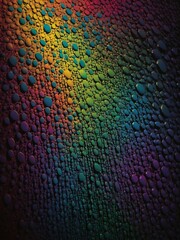 Poster - Mesmerizing dance of multicolored water droplets adorns smooth surface, their vibrant hues blending ly. Illuminated by light, droplets create gradient from yellow to blue, forming intricate patterns.