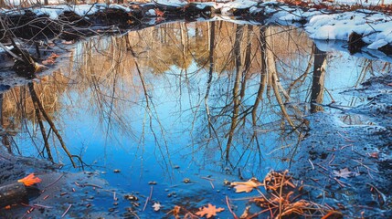 Wall Mural - Reflection of nature in an old pond on a sunny winter day