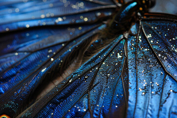 Wall Mural - A close-up macro photo of the texture and pattern on an electric blue butterfly wing, with black glittering in it