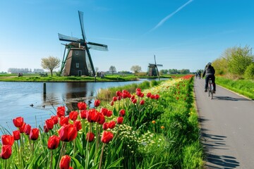 A picturesque Dutch windmill by a tulip field in full bloom, with a clear blue sky