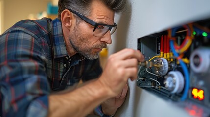 Wall Mural - A man in a plaid shirt is fixing a light fixture