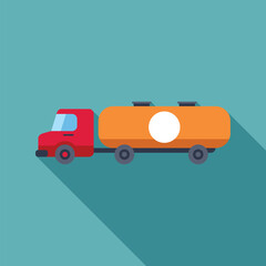 Poster - Red semi truck transporting goods in orange trailer truck driving to the right on turquoise background