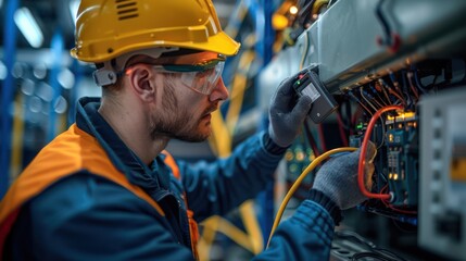 Wall Mural - A man in a yellow helmet and orange vest is working on electrical equipment