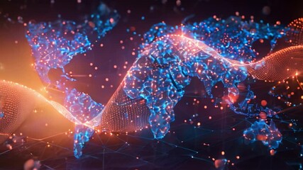 Poster - A stylized world map highlighting regions with active CRISPR research, depicted in glowing blue and red.