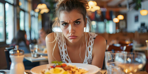 Wall Mural - unsatisfied woman in restaurant, ai generated, ai generated.