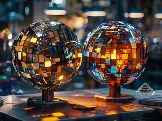 Two Shiny Disco Balls on a Reflective Surface 3D Illustration