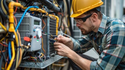 Wall Mural - A man in a yellow helmet is working on a piece of equipment