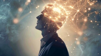 Poster - A man with a glowing brain is shown in a dark background