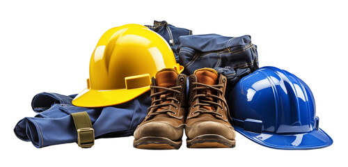 Ready to use labor uniform complete with safety helmet and work shoes, prepared for immediate use in various work environments.