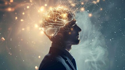 Poster - A man is standing in front of a brain with a lot of stars